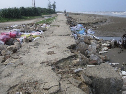 Mưa lớn do ảnh hưởng bão số 10 và triều cường đã làm tuyến bờ kè dọc biển xã Thạch Kim, huyện Lộc Hà, Hà Tĩnh bị sạt lở nghiêm trọng nhiều đoạn